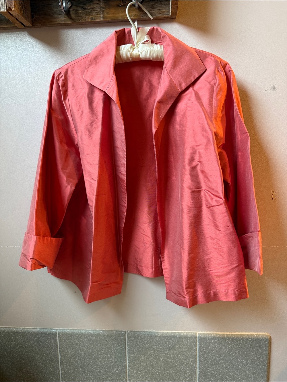 Connie Roberson Silk Dupioni Open Front Jacket Coral Pink Boxy Artsy Sz M